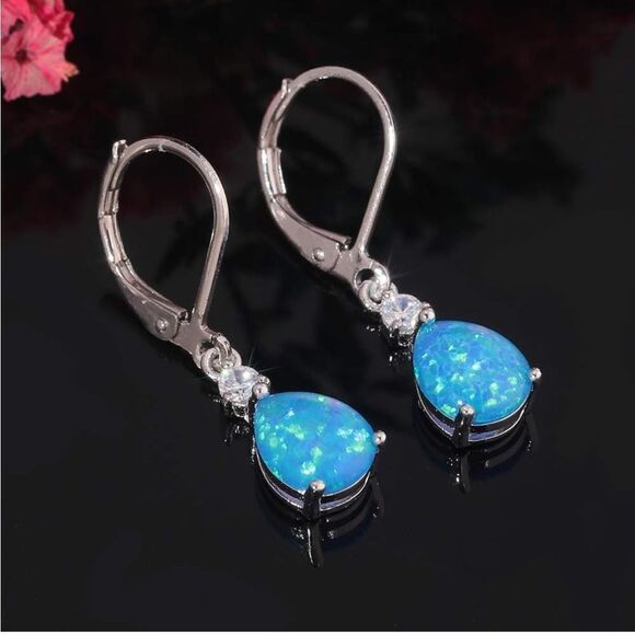 14K White Gold with Genuine Blue Fire Opal and CZ Teardrop Leverback Earrings - Picture 2 of 4